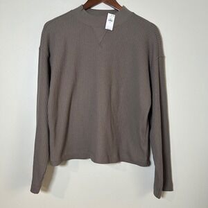 NWT GAP Top Waffle Knit Mock Neck Size S Taupe Long Sleeve Thermal Relaxed